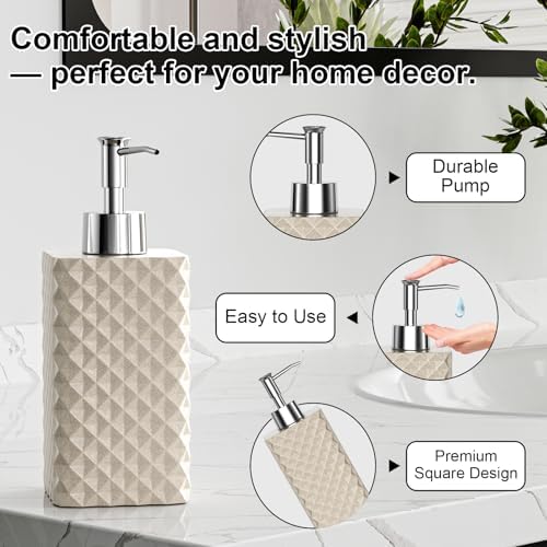 Bathroom Accessories Set Resin 6PCS, Square Toothbrush Holders Set Complete with Soap Dispenser, Vanity Tray, Tumbler, Cups and Cotton Swab Jars (Beige Diamond, Resin Bath 6 PCS)