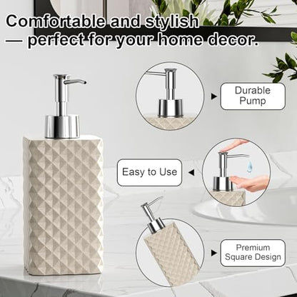 Bathroom Accessories Set Resin 6PCS, Square Toothbrush Holders Set Complete with Soap Dispenser, Vanity Tray, Tumbler, Cups and Cotton Swab Jars (Beige Diamond, Resin Bath 6 PCS)