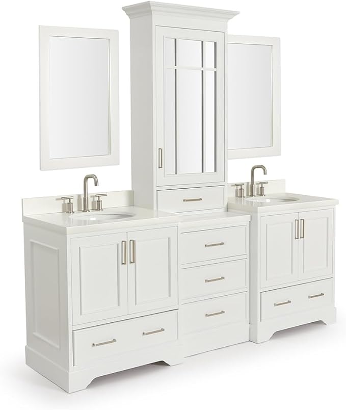 ARIEL Stafford 84-inch Bathroom Vanity with Sink,Solid Wood, 1.5-inch Pure White Quartz Countertop & Backsplash, Double Oval Porcelain Sink, 5 Soft Closing Doors, 6 Dovetail Drawers, White
