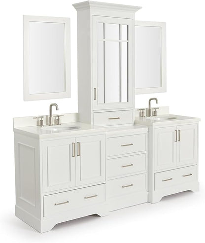 ARIEL Stafford 84-inch Bathroom Vanity with Sink,Solid Wood, 1.5-inch Pure White Quartz Countertop & Backsplash, Double Oval Porcelain Sink, 5 Soft Closing Doors, 6 Dovetail Drawers, White
