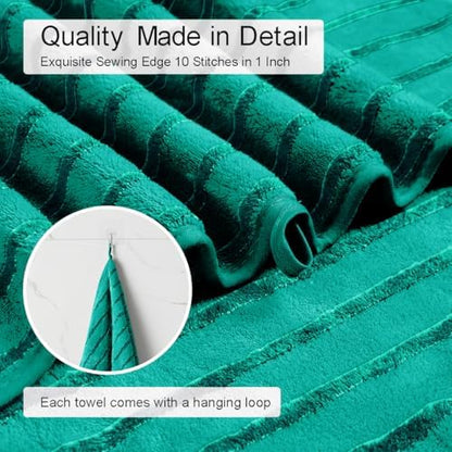 8 Pcs Blue Green Cabana Stripe Large Bath Towel Set - Oversize Bath Sheet, 2 Bathroom Towels, 2 Hand Towels, 4 Washcloths - Soft, Jumbo, Absorbent Shower Towel - Quick Dry, Beach, Spa, Gym Towel