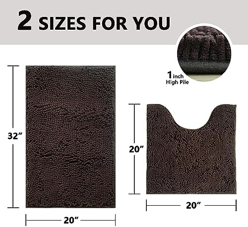 BOANKODU Bathroom Rugs Sets 2 Piece, Absorbent Bath Mat for Bathroom Very Soft Chenille Non-Slip, 32x20 Inch + 20x20 Inch U Shape Bathroom Mat, Machine Washable Bath Rugs (Coffee)