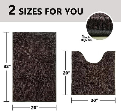 BOANKODU Bathroom Rugs Sets 2 Piece, Absorbent Bath Mat for Bathroom Very Soft Chenille Non-Slip, 32x20 Inch + 20x20 Inch U Shape Bathroom Mat, Machine Washable Bath Rugs (Coffee)