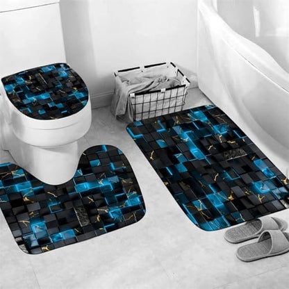 LQCOOL 4Pcs Black and Blue Shower Curtain Set 3D Cubes Bathroom Sets Modern Shower Curtain Set for Bathroom Sets with Rugs and 12 Hooks