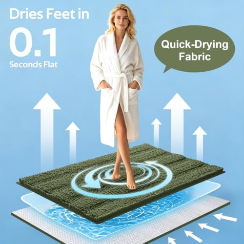 Christmas Striped Olive Green Bathroom Rug Mat Set 2 piece 32"x20"+60"x20" Ultra Soft, Non Slip Chenille Bath Rugs, Absorbent Plush Shaggy Bath Mats for Bathroom, Bedroom, Kitchen, Shower, Tub