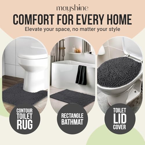 Standard 3pc Set Chenille Bath Mats, Includes 21"x24" U-Shaped Contour Toilet Rug, 21"x34" Inches Bathmat and 1 Toilet Lid Cover, Plush Absorbent Bath Mats Quick Dry, Charcoal Gray