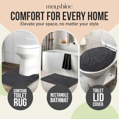 Standard 3pc Set Chenille Bath Mats, Includes 21"x24" U-Shaped Contour Toilet Rug, 21"x34" Inches Bathmat and 1 Toilet Lid Cover, Plush Absorbent Bath Mats Quick Dry, Charcoal Gray
