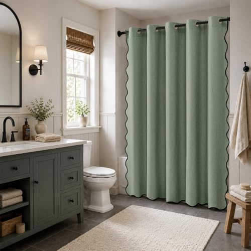 Furlinic Extra Long Shower Curtain Scalloped No Hook Olive Green W72 x H96