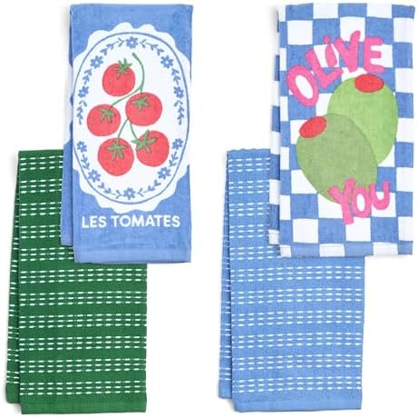 Ritz 4-Piece Kitchen Towel Set, Tomato & Olive Prints with Pine Green & Blue Textured Terry, 100% Cotton & Absorbent Blend, 16" x 26", Vintage Mediterranean Foodie Kitchen Decor