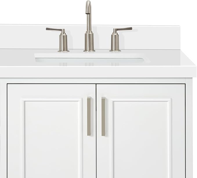 Langford 72-inch White Bathroom Vanity with Left & Right Rectangle Double Sinks, Pure White Quartz Countertop & Backsplash, Solid Wood Frame, Soft-Closing & Dovetail Drawers