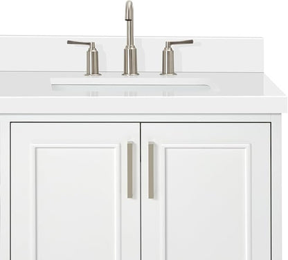 Langford 72-inch White Bathroom Vanity with Left & Right Rectangle Double Sinks, Pure White Quartz Countertop & Backsplash, Solid Wood Frame, Soft-Closing & Dovetail Drawers