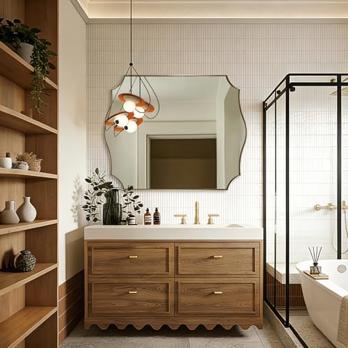 ANDY STAR 32"x40" Brushed Gold Bathroom Mirror, Scalloped Mirrors for Wall, Large Champagne Bronze Mirror with Elegant Curved Scallop Design, Anti-Rust Stainless Steel Thin Frame