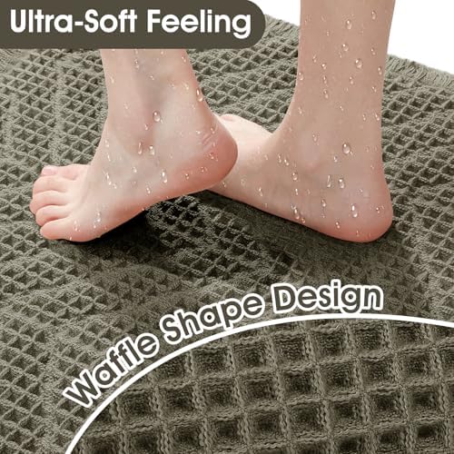 Upgraded Waffle Bath Mat, 32"x20" Greyish Green-Herringbone, Super Absorbent Non-Slip Quick Dry Bathroom Rugs with Tassels, Machine Washable Ultra Soft Boho Bath Rugs, Toilet Mats Boho Farmhouse Decor