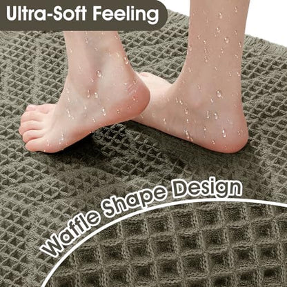 Upgraded Waffle Bath Mat Set 3 Piece Greyish Green-Herringbone, Super Absorbent Non-Slip Quick Dry Bathroom Rugs with Tassels, Machine Washable Ultra Soft Boho Bath Rugs,Bath Mats Boho Farmhouse Decor