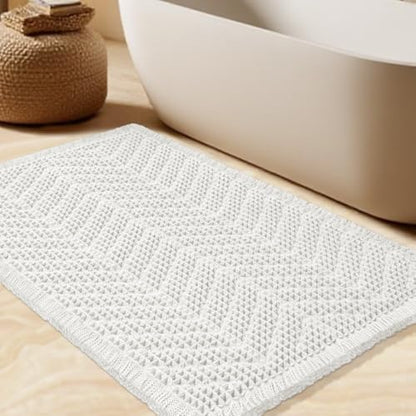 Upgrade Waffle Bath Mat, Boho Bathroom Rugs Absorbent Non Slip, Ultra Soft Bathroom Mat, Machine Washable Knit Bath Rugs with Herringbones for Bathroom, Bedroom, Kitchen, Shower, Tub, 36"x24", White