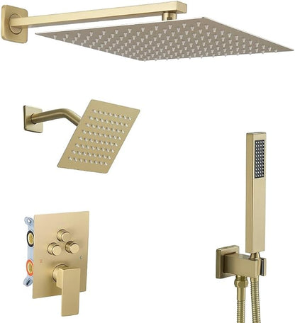 Shower Faucet Set Brushed Gold 12 Inch Wall Mount Rainfall Shower System with 2 Rain Shower Head and Handheld Head Push Button Diverter Shower Trim Kit and Rough-in Valve Body