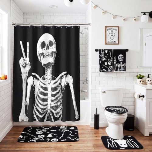 Honoson 8 Pcs Halloween Skeleton Bathroom Shower Curtain Set with Rugs, Skull Bath Decor with Non-Slip Floor Mat, Toilet Lid Cover, Ghost Bat Towels, Spooky Black White Bathroom Decor for Home