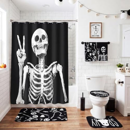 Honoson 8 Pcs Halloween Skeleton Bathroom Shower Curtain Set with Rugs, Skull Bath Decor with Non-Slip Floor Mat, Toilet Lid Cover, Ghost Bat Towels, Spooky Black White Bathroom Decor for Home