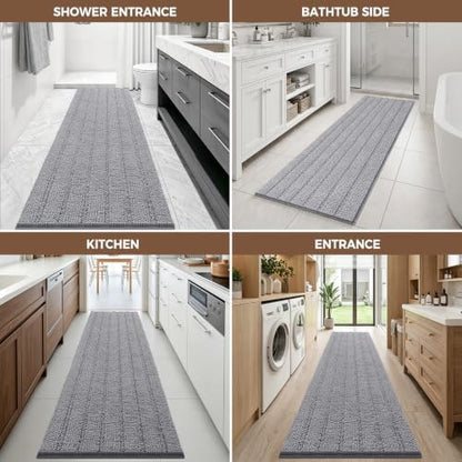 Bcoimo Bath Rug Mat,70x24 Chenille Non Slip Gray Long Bathroom Runner Rugs