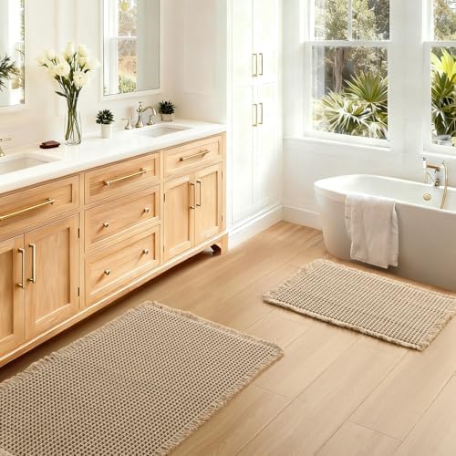 JIUZHEN Set of 2 Waffle Bathroom Rugs Boho Bath Mats 16"x24"+24"x36" Brown