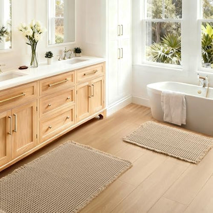 JIUZHEN Set of 2 Waffle Bathroom Rugs Boho Bath Mats 16"x24"+24"x36" Brown