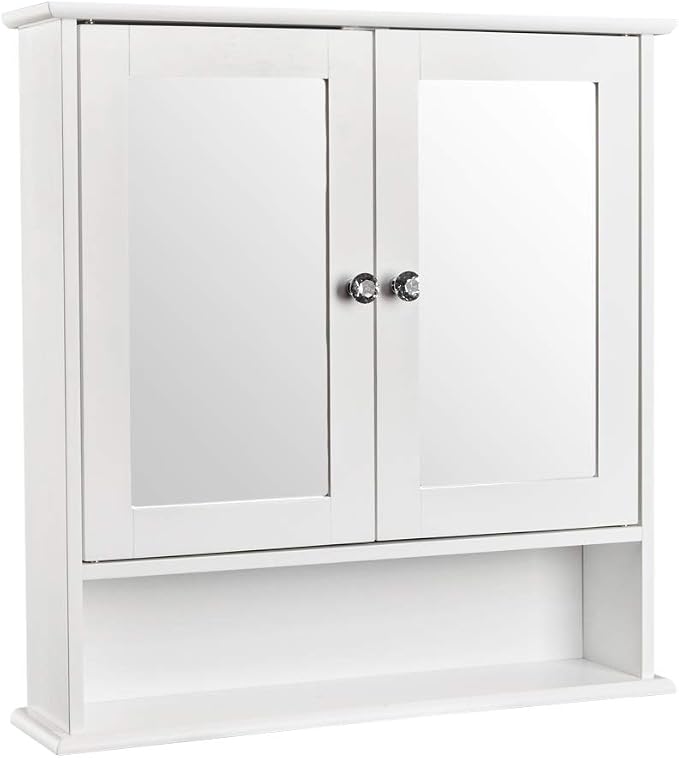 Karl home White Wall Mounted Medicine Cabinet, 2 Mirror Door Bath Storage | 22" L x 5.1" W x 22.8" H Wooden Cabinet with Adjustable Shelves and Bottom Shelf for Bathroom, Living Room, Entryway