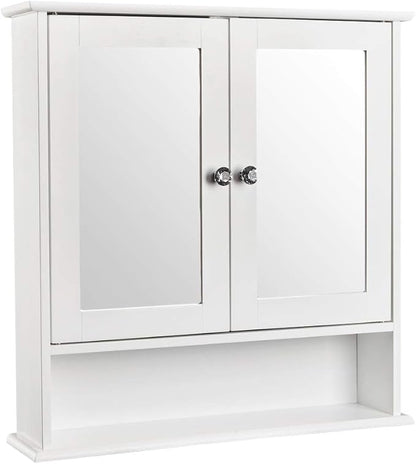 Karl home White Wall Mounted Medicine Cabinet, 2 Mirror Door Bath Storage | 22" L x 5.1" W x 22.8" H Wooden Cabinet with Adjustable Shelves and Bottom Shelf for Bathroom, Living Room, Entryway