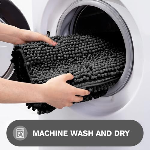 Black Bathroom Rug – Absorbent and Washable Bath Mat, Non-Slip, Thick Soft Chenille Bath Rugs for Bathroom Floor, Shower, Sink - 26" x 44"