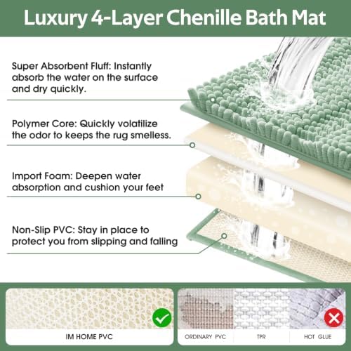 ACCUMTEK Christmas Striped Sage Green Toilet Bathroom Rug Mat Set 2 piece Rug Ultra Soft, Non Slip Chenille Bath Rugs, Absorbent Plush Shaggy Bath Mats for Bathroom, Bedroom, Kitchen, Shower, Tub