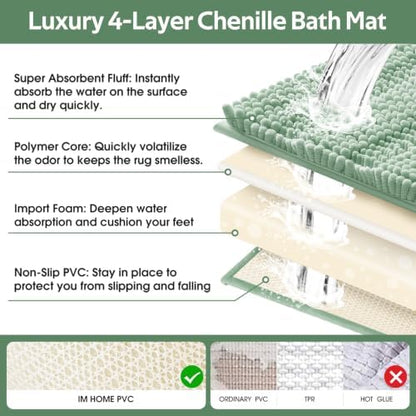 ACCUMTEK Christmas Striped Sage Green Toilet Bathroom Rug Mat Set 2 piece Rug Ultra Soft, Non Slip Chenille Bath Rugs, Absorbent Plush Shaggy Bath Mats for Bathroom, Bedroom, Kitchen, Shower, Tub