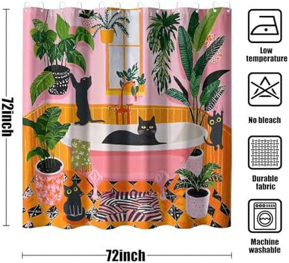Funny Cat Shower Curtain Boho Cute Fun Black Cats Matisse Shower Curtains for Bathroom Kitten Green Tropical Plant Leaves Pink Orange Yellow Waterproof Fabric Bath Curtain Decor 72 X 72 Inches