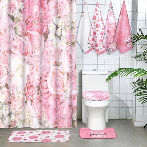 Honoson 8 Pcs Spring Floral Shower Curtain Set with Rugs and Towels