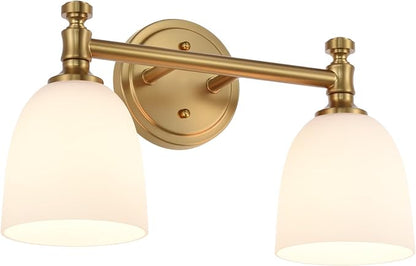 Gold Bathroom Vanity Light Fixtures, 2-Light Over Mirror, Traditional Vanity Lights for Living Room, Milk White Glass Shades, Standard E26 Base, Aged Brass, 16.3" W x 9.4" H x 6.25" D