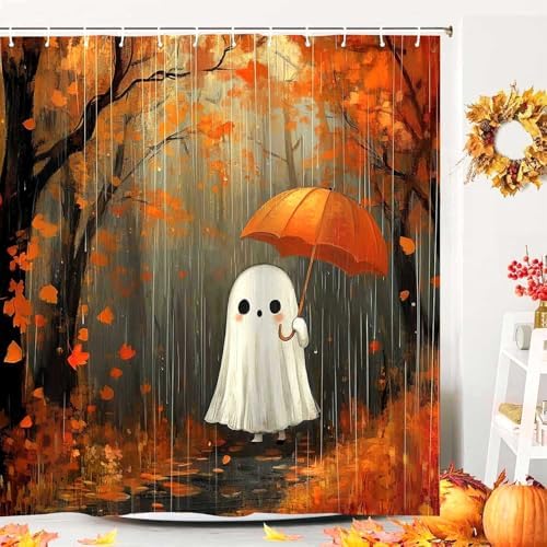 Halloween Ghost Pumpkin Shower Curtain, Cute Funny Autumn Seasonal Floral Decor Bath Curtains, Fall Maple Leaves Spooky Waterproof Fabric Bathroom Accessories with Hooks, 72x72 Inch
