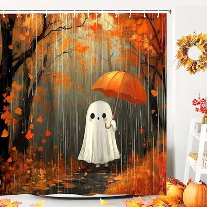 Halloween Ghost Pumpkin Shower Curtain, Cute Funny Autumn Seasonal Floral Decor Bath Curtains, Fall Maple Leaves Spooky Waterproof Fabric Bathroom Accessories with Hooks, 72x72 Inch