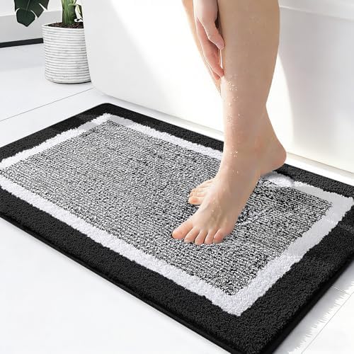 OLANLY Small Bathroom Rugs 24x16, Absorbent Microfiber Bath Rugs, Black
