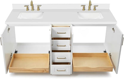 DKB Emilia 72 Inch Bathroom Vanity Double Sink — White Bathroom Vanity with Sink, 1.5" Edge Pure White Quartz Countertop & Backsplash, 4 Soft-Close Doors, and 6 Dovetail Drawers