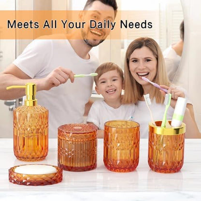 Orange Glass Bathroom Accessories Set 5 Pcs, Orange Bathroom Set, Soap Dispenser and Toothbrush Holder Set, Qtip Holder Set, Vintage Bathroom Sink Set, Cute Bathroom Decor