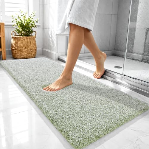 OLANLY Microfiber Bathroom Rugs 47x20, Quick Dry Mat, Sage Green and White
