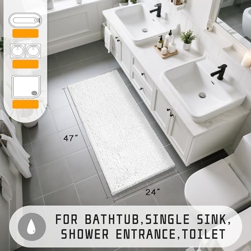 Yimobra Long Bathroom Rugs 47"x24", Extra Soft Non Slip Bath Mat for Tub, Super Absorbent Quick Dry Shaggy Rug Floor Carpet, Machine Washable,White
