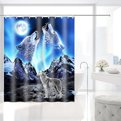 Howling Wolf Full Moon Blue Nature Shower Curtain with Hooks 72 x 72 Inches