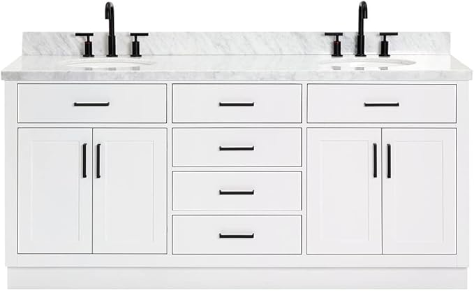 ARIEL Hepburn 72-inch Bathroom Vanity with Sink,Solid Wood, 1.5-inch Italian Carrara Marble Countertop & Backsplash, Double Oval Porcelain Sink, 4 Soft Closing Doors, 6 Dovetail Drawers, White