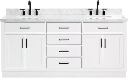 ARIEL Hepburn 72-inch Bathroom Vanity with Sink,Solid Wood, 1.5-inch Italian Carrara Marble Countertop & Backsplash, Double Oval Porcelain Sink, 4 Soft Closing Doors, 6 Dovetail Drawers, White