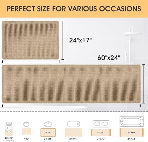 IM HOME Waffle Bath Mat Set 2 Piece Beige,Woven Modern Bath Rug Mats, Absorbent Non Slip Bath Floor Mat, Soft Washable Boho Bath Rugs with Tassels for Bathroom, Bedroom, Kitchen,Tub