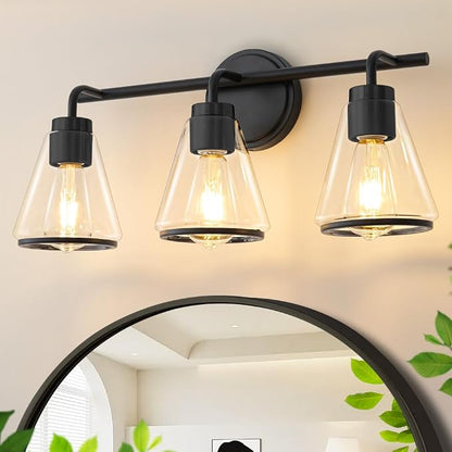 Black Bathroom Vanity Light 3 Lights Bathroom Light Fixtures Over Mirror | Vanity Lighting Fixtures with Clear Glass Shade, 22 inch Modern Vanity Lights for Bathroom, Wall Sconce Lights for Bedroom
