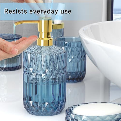 Blue Bathroom Accessories 5 Pcs, Glass Bathroom Accessory Set, Vintage Blue Bathroom Set, Soap Dispenser and Toothbrush Holder Set, Qtip Holder, Bathroom Sets Complete, Modern Bathroom Decor