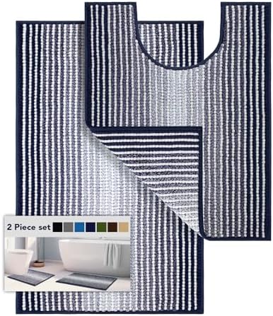 BSICPRO Bathroom Rugs Sets 2 Piece, 32"x20" + U-Shaped 24"x20", Navy Blue