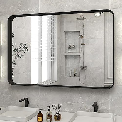VooBang Bathroom Mirror 24x36 inch, Black Gorgeous Deep Frame Wall Mirror, Modern Round Corner Bathroom Vanity Mirror for Bedroom, Living Room, Hanging or Leaning Horizontal or Vertical, Black