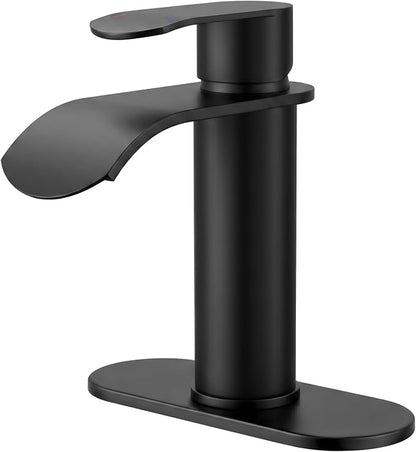 WOWOW Waterfall Bathroom Faucet Matte Black: Bathroom Sink Faucet for 1 Hole or 3 Holes, Single Handle Vanity Faucet with Pop up Drain, Stainless Steel Basin Sink Tap for RV Lavatory