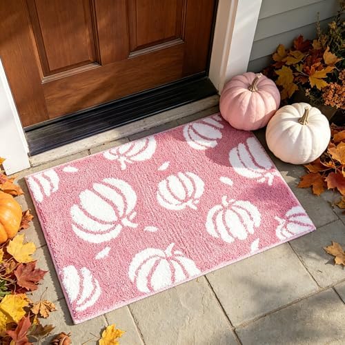 APROPHIC Fall Pumpkin Bath Mats for Bathroom, Thanksgving Super Absorbent Non-Slip Microfiber Shaggy Bath Rugs, Autumn Bathroom Mat for Shower, Tub, Sink, Decor, Machine Washable, 20x30 in, Pink